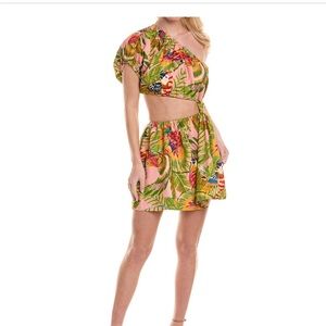 Farm Rio Macaw leaves one shoulder mini dress size small